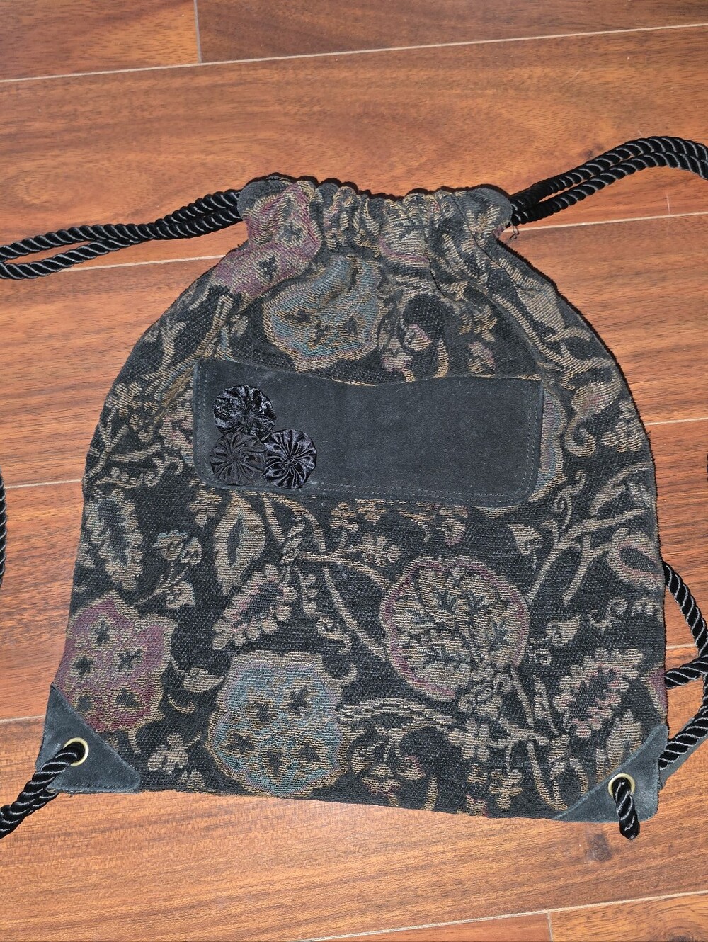 Vintage Liz Claiborne Floral Tapestry Drawstring Backpack- Black Olive, Burgundy